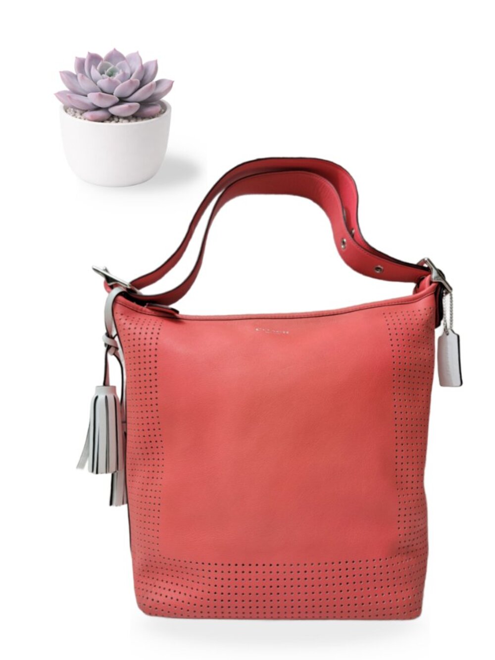 Coach Legacy Perforated Leather Duffle Bucket Bag Coral Shoulder Purse 22762